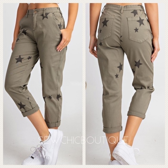 Star Print Washed Stretch Boyfriend Pants - Picture 1 of 6